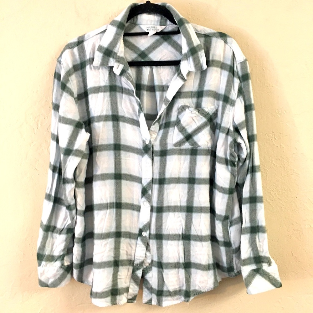 Market & Spruce Plaid Button Down Large Green Super Soft Casual Cozy Loungewear